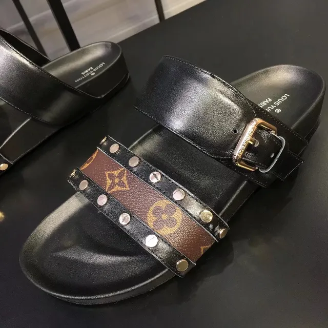 Louis Vuitton Slide Noir Marron Double Sangle Monogramme Toile Bande Sandales Casual 3