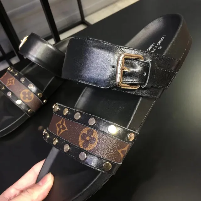 Louis Vuitton Slide Noir Marron Double Sangle Monogramme Toile Bande Sandales Casual 4