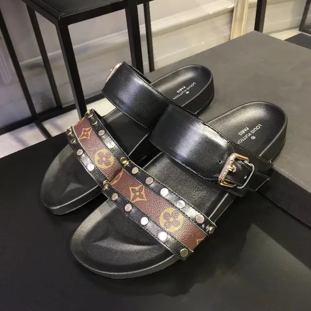 Louis Vuitton Slide Noir Marron Double Sangle Monogramme Toile Bande Sandales Casual 5