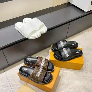 Louis Vuitton Slide Black Brown Single-Strap Monogrammed Slippers