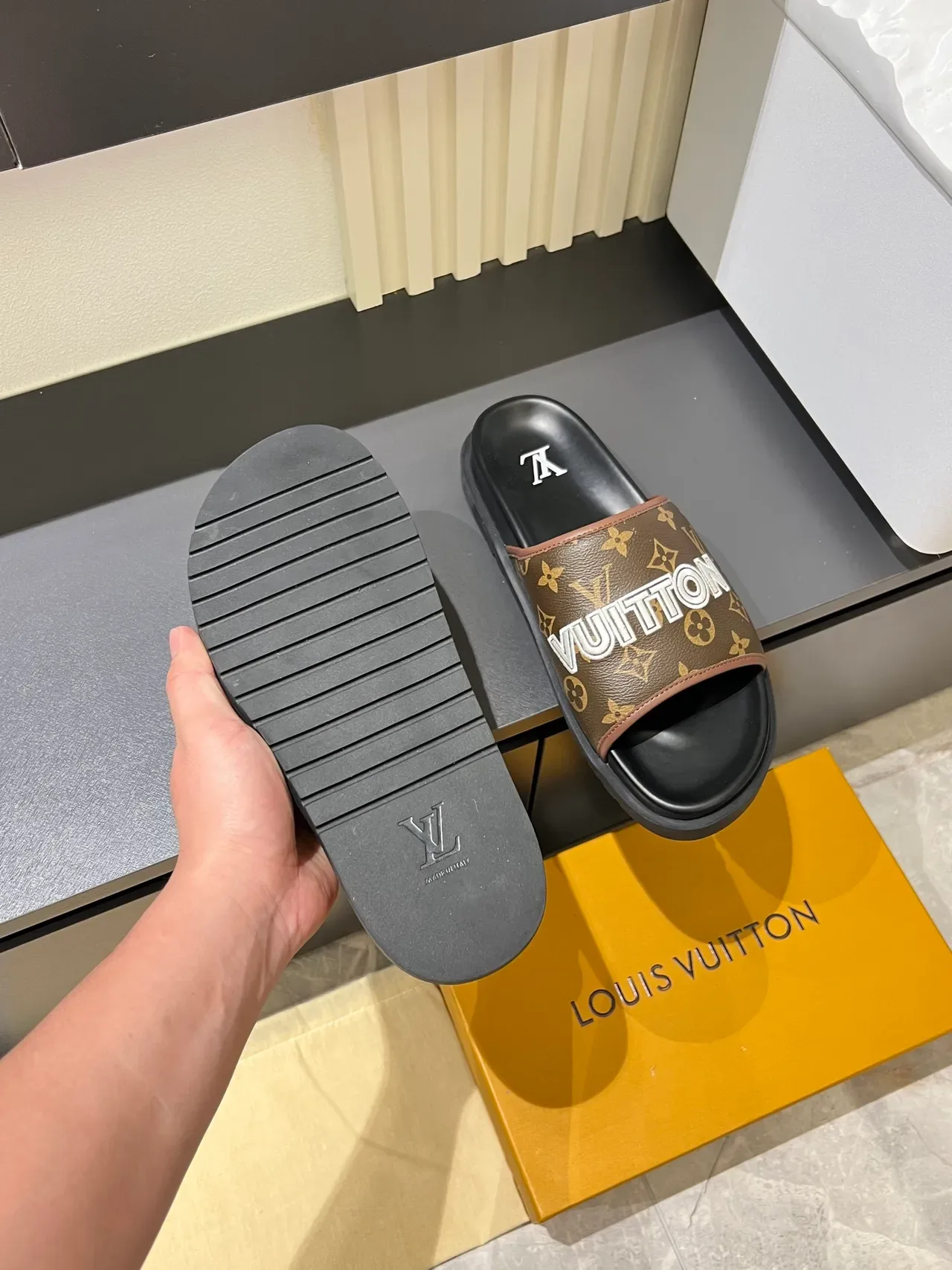 Louis Vuitton Slide Black Brown Single-Strap Monogrammed Slippers 2