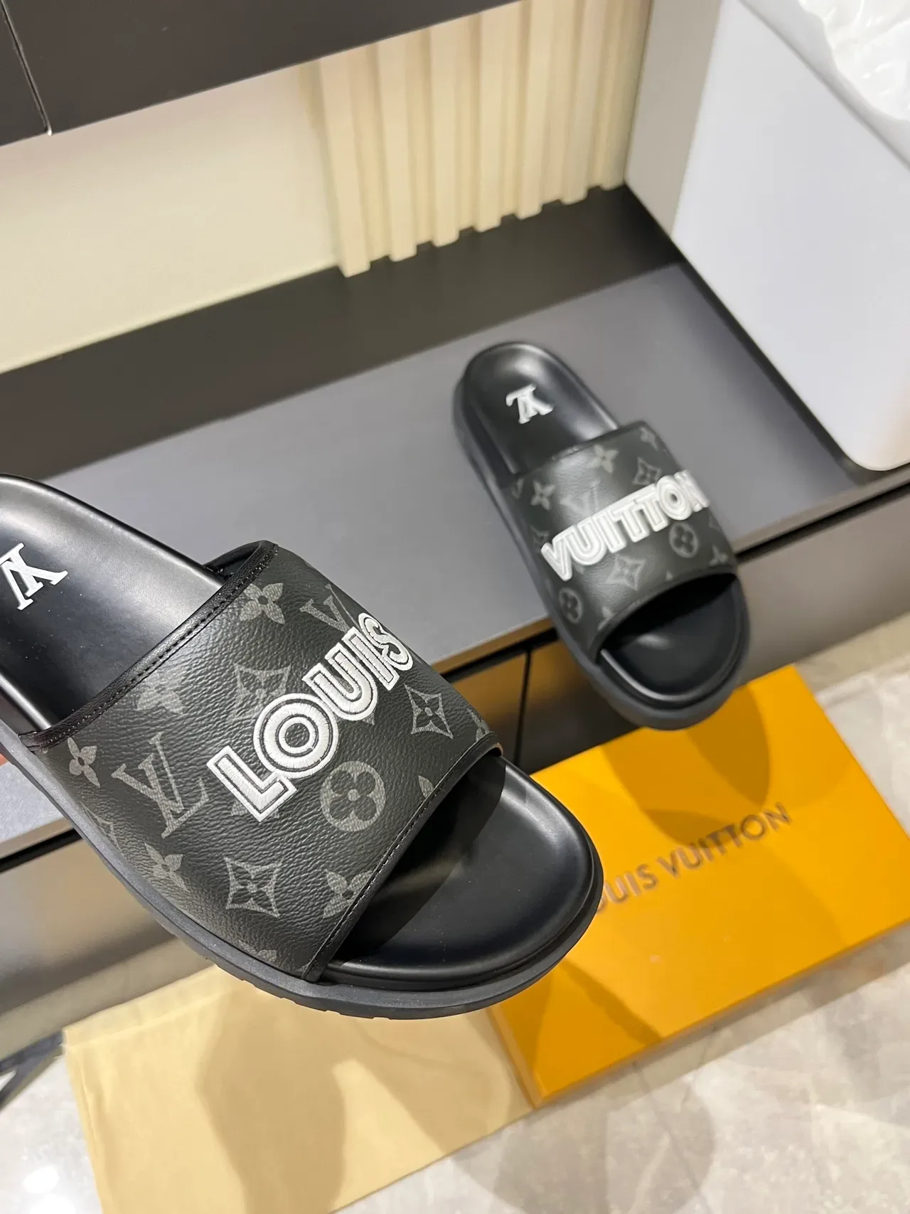 Louis Vuitton Slide Black Brown Single-Strap Monogrammed Slippers 5