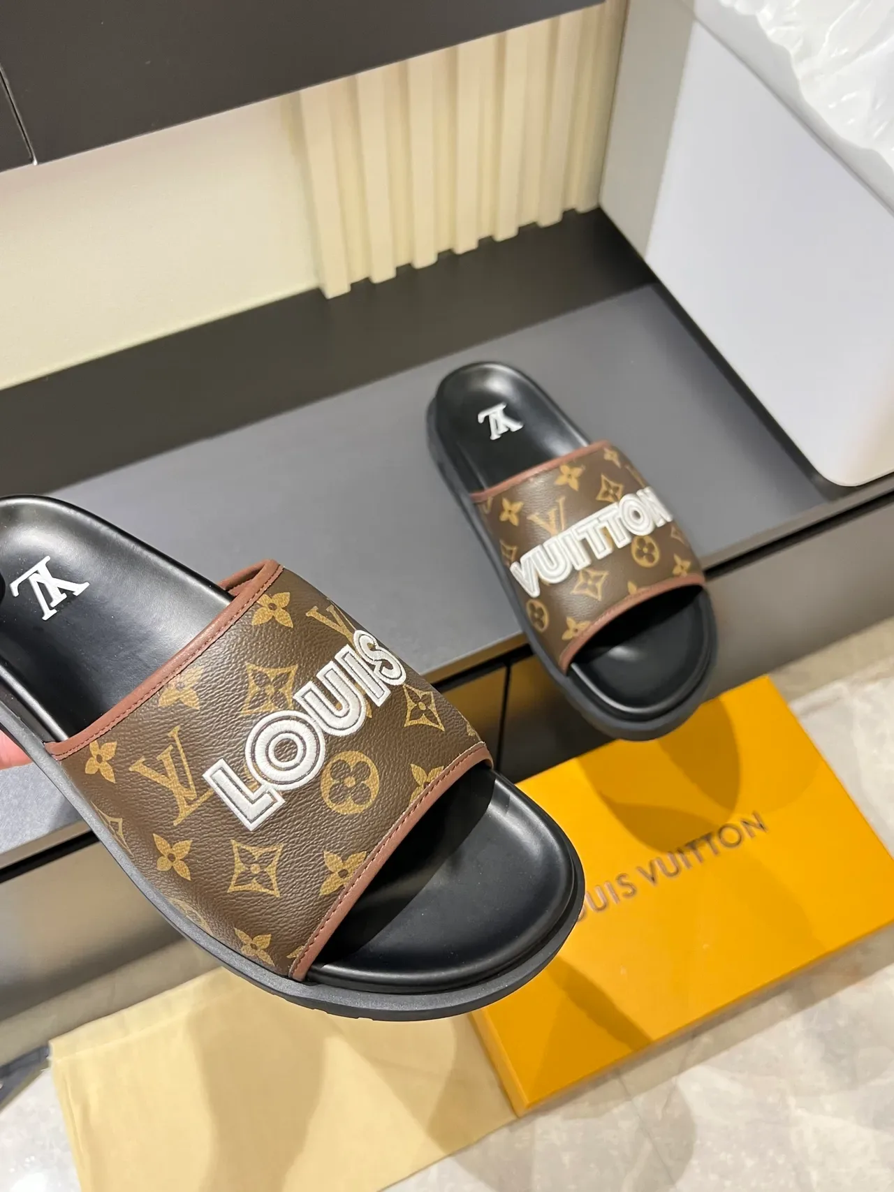 Louis Vuitton Slide Black Brown Single-Strap Monogrammed Slippers 6