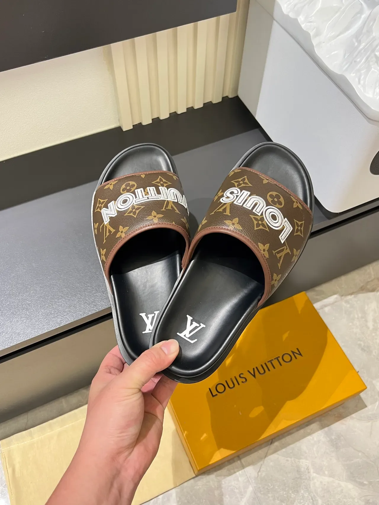 Louis Vuitton Slide Black Brown Single-Strap Monogrammed Slippers 7