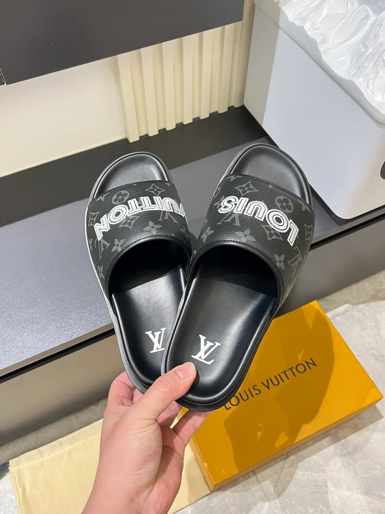 Louis Vuitton Slide Black Brown Single-Strap Monogrammed Slippers 9