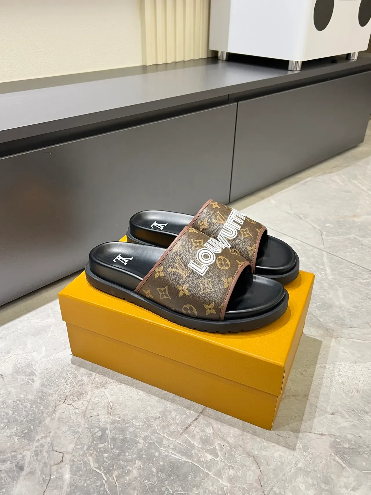 Louis Vuitton Slide Black Brown Single-Strap Monogrammed Slippers 10