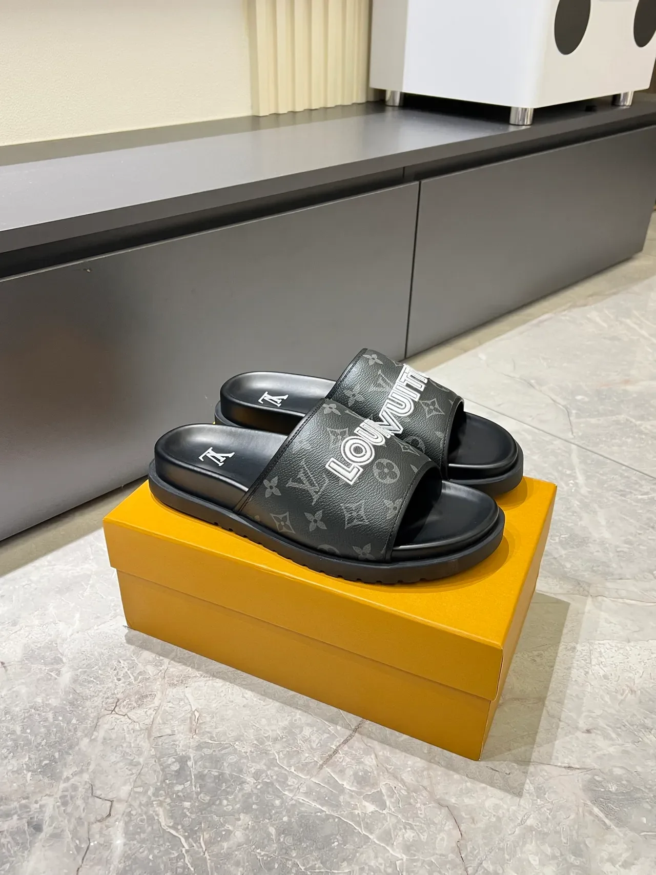 Louis Vuitton Slide Black Brown Single-Strap Monogrammed Slippers 12