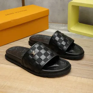 Louis Vuitton Slide काला वीवन स्ट्रैप मोनोग्राम सोल स्लिपर्स