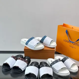 लुई विट्टोन Slide व्हाइट ब्लैक मॉनोग्राम्ड स्ट्रैप एम्बॉस्ड LV लोगो