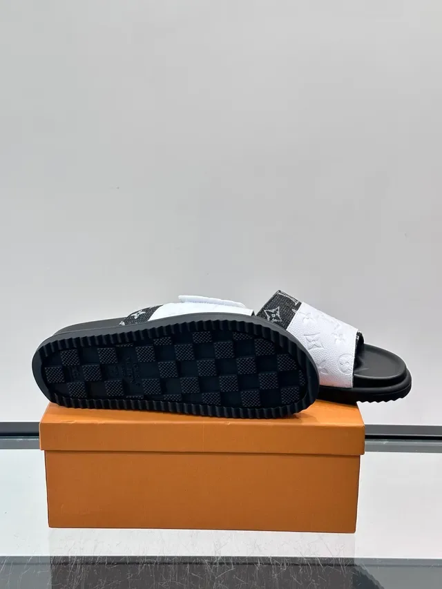 Louis Vuitton Slide White Black Monogrammed Strap Embossed LV Logo Slippers 3