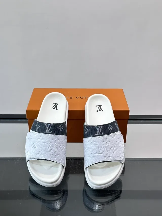 Louis Vuitton Slide White Black Monogrammed Strap Embossed LV Logo Slippers 5