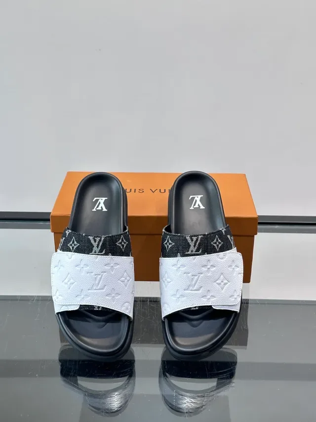 Louis Vuitton Slide White Black Monogrammed Strap Embossed LV Logo Slippers 6