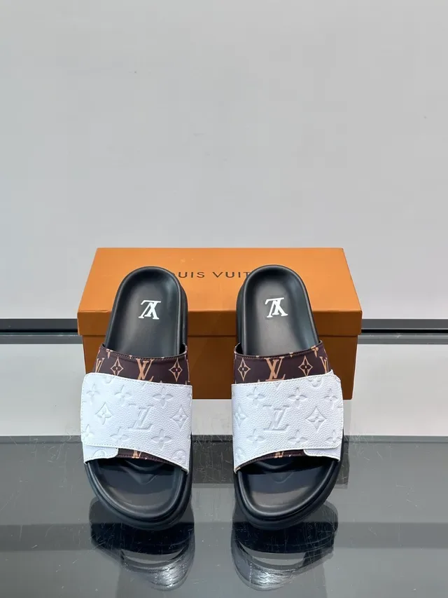 Louis Vuitton Slide White Black Monogrammed Strap Embossed LV Logo Slippers 7