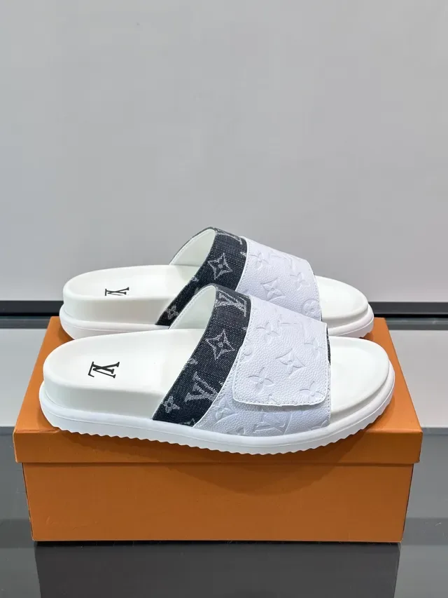 Louis Vuitton Slide White Black Monogrammed Strap Embossed LV Logo Slippers 9