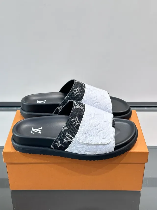Louis Vuitton Slide White Black Monogrammed Strap Embossed LV Logo Slippers 10