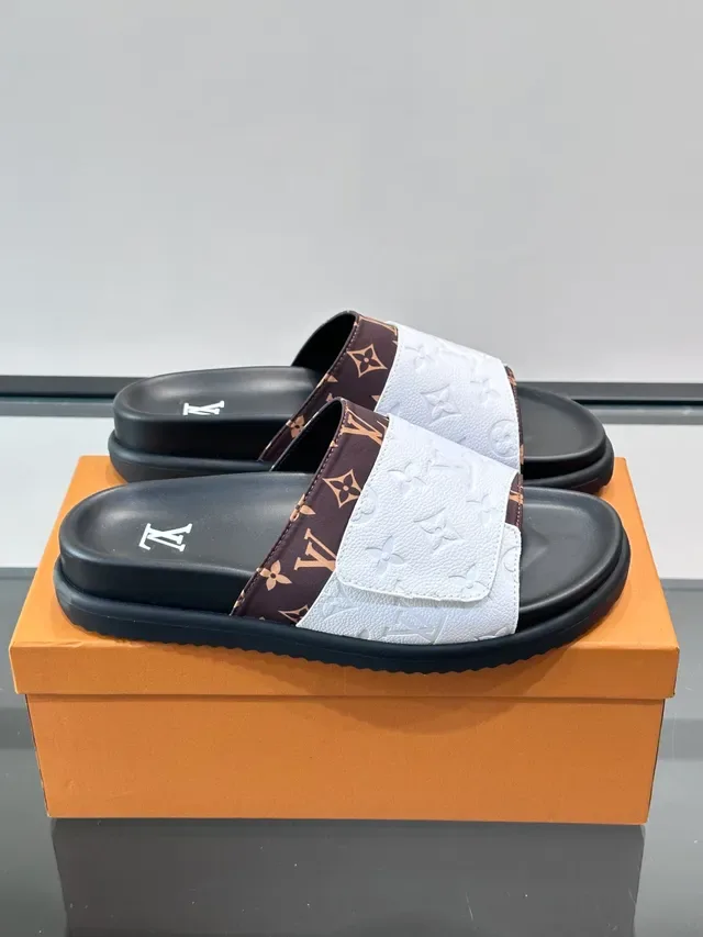 Louis Vuitton Slide White Black Monogrammed Strap Embossed LV Logo Slippers 11