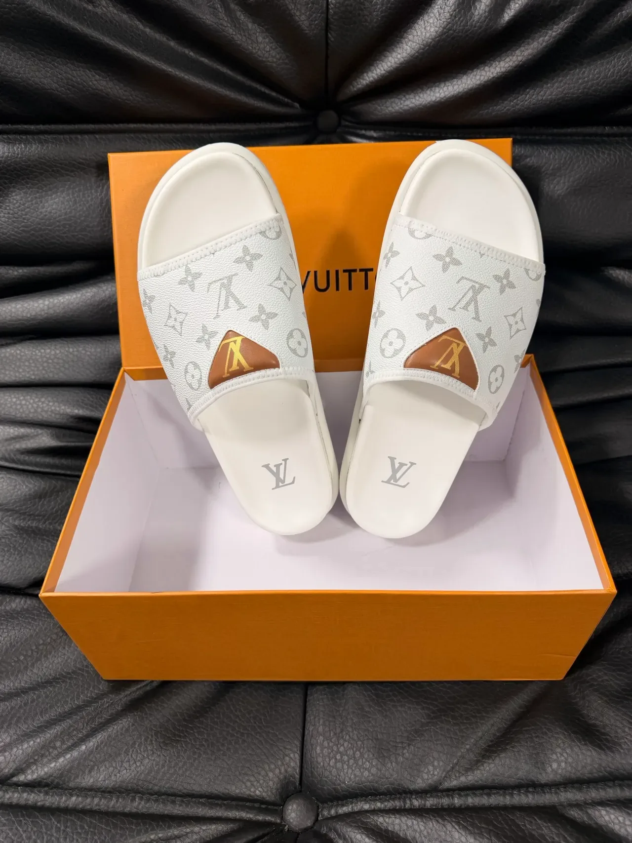 Louis Vuitton Slide White Gray Monogram-Print Strap Molded Rubber Sole Slippers 3
