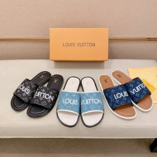 Louis Vuitton काला सफेद ब्रांडेड स्ट्रैप मोनोग्राम प्रिंट स्लिपर्स