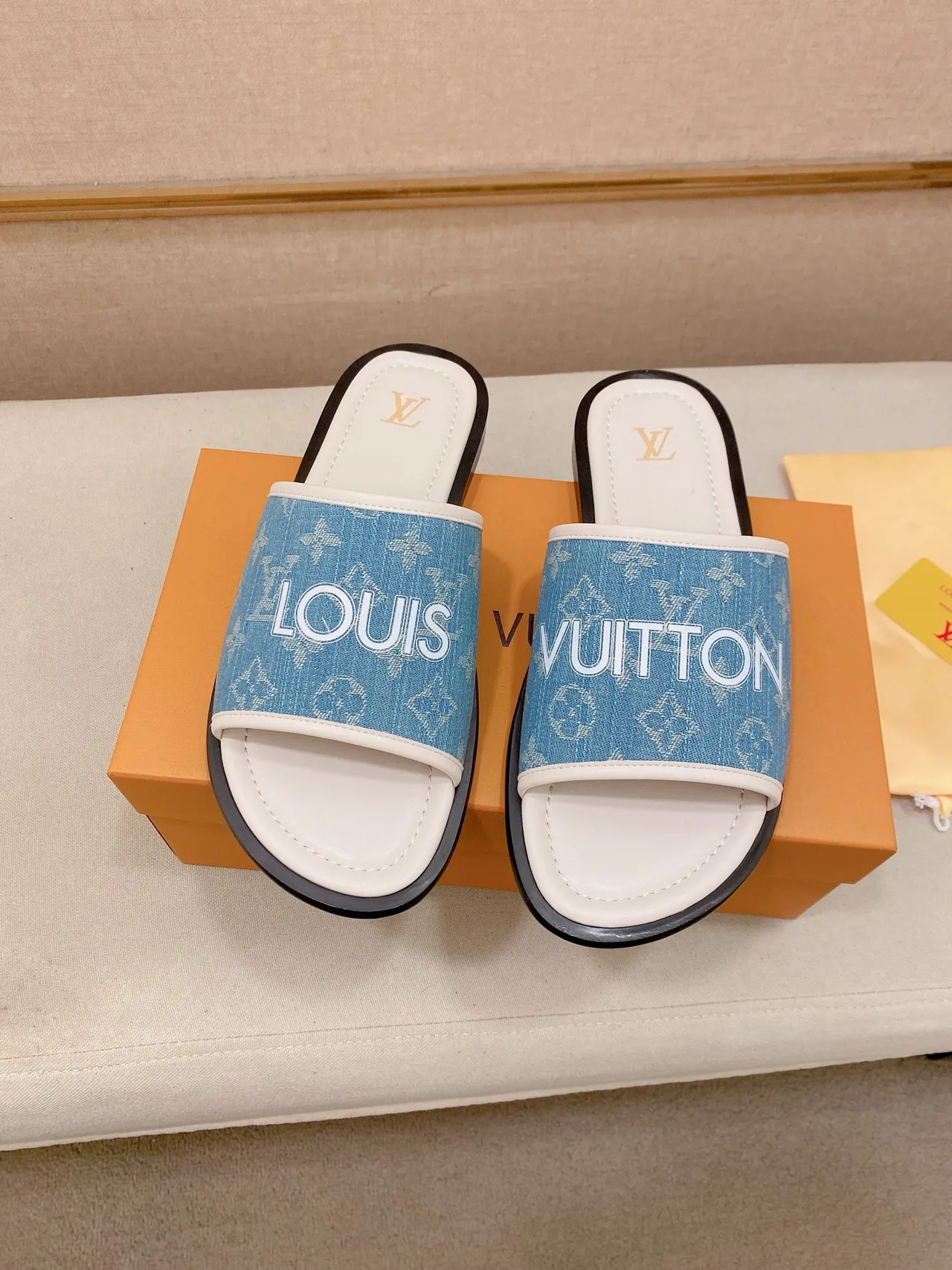 Louis Vuitton Slides Black White Branded Strap Monogram Print Slippers 4
