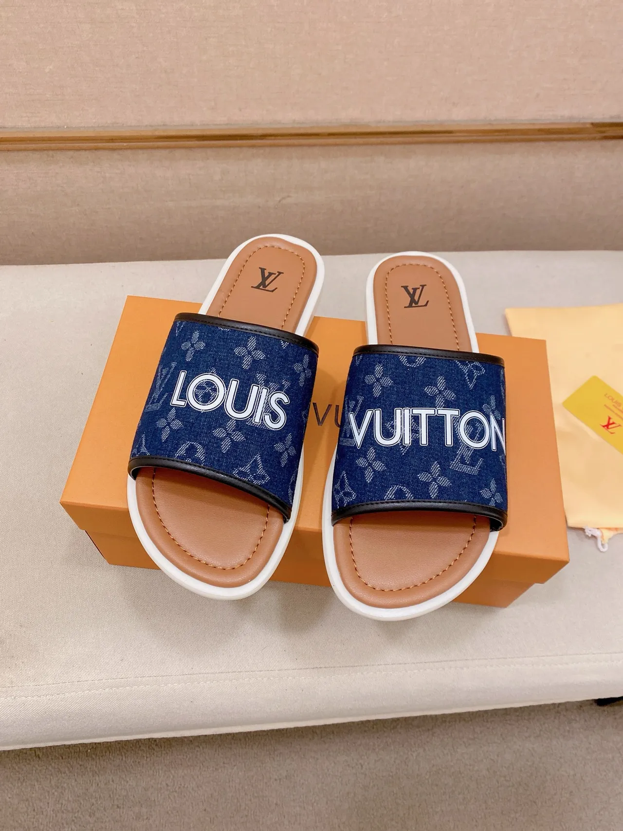 Louis Vuitton Slides Black White Branded Strap Monogram Print Slippers 5