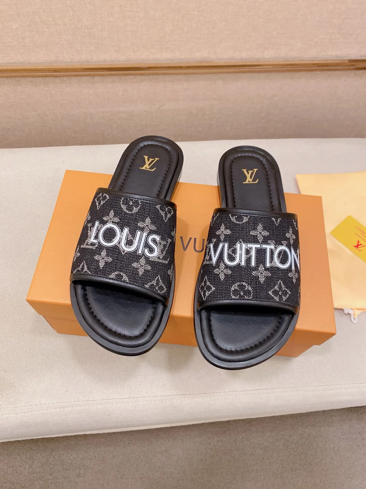 Louis Vuitton Slides Black White Branded Strap Monogram Print Slippers 6