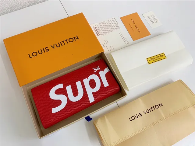 Louis Vuitton Supreme Collaboration Vermelho Branco Epi Couro Textura Logotipo Bold Carteira Longa 18