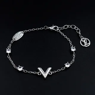 Louis Vuitton V Collection Crystal-Set Pulsera de cadena de plata