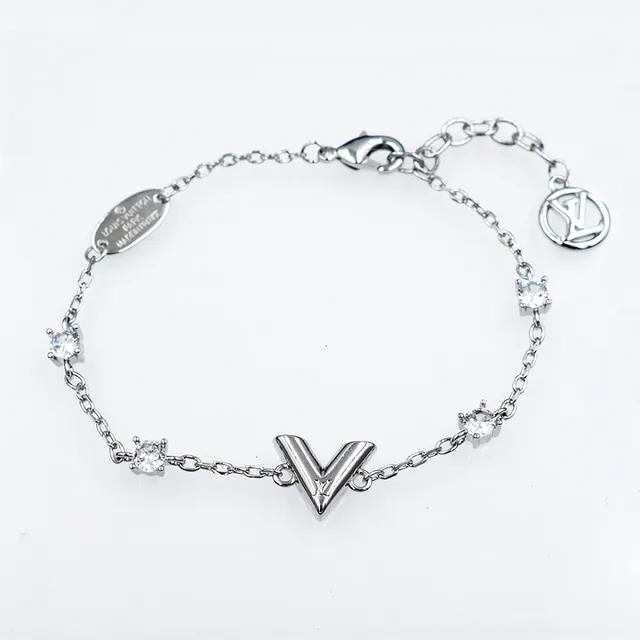 Louis Vuitton V Collection Crystal-Set Silver Chain Bracelet 3