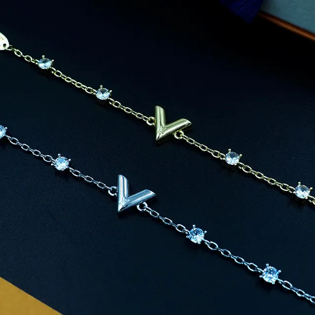 Louis Vuitton V Collection Crystal-Set Silver Chain Bracelet 4