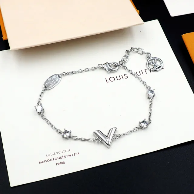 Louis Vuitton V Collection Crystal-Set Silver Chain Bracelet 11