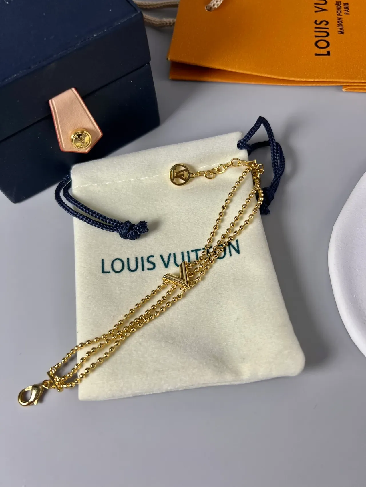 Louis Vuitton V Collection Triple Bead Chain Gold Bracelet 4