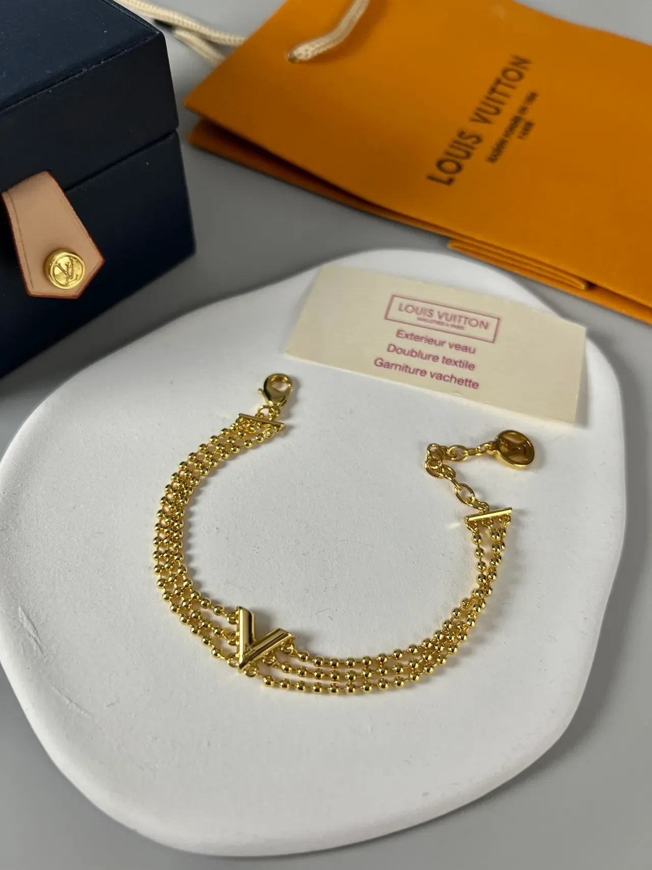 Louis Vuitton V Collection Triple Bead Chain Gold Bracelet 5