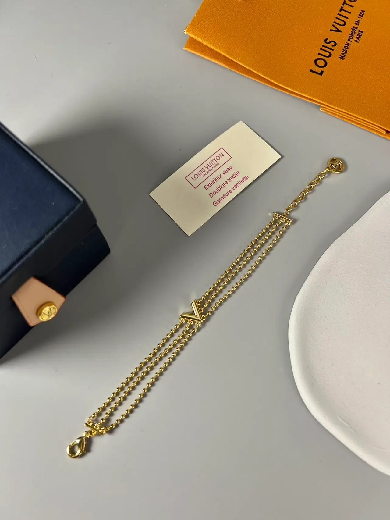 Louis Vuitton V Collection Triple Bead Chain Gold Bracelet 6