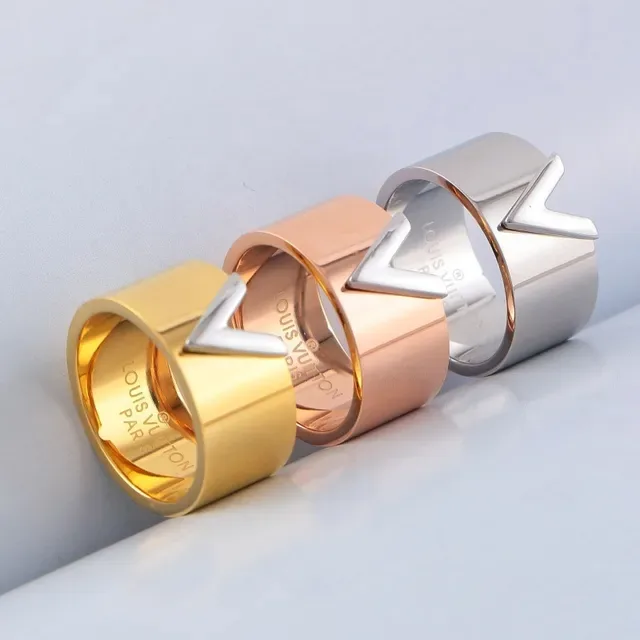 Louis Vuitton V Anillo de Oro y Plata Dos Tonos Banda Ancha 5