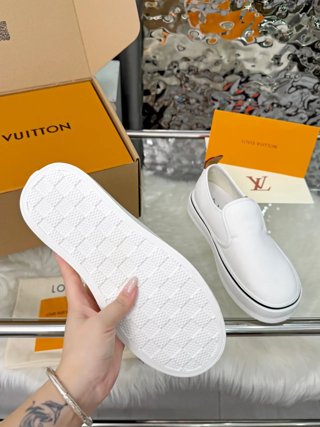 Louis Vuitton White Black Slip-On Platform Sole Lifestyle Sneakers 2