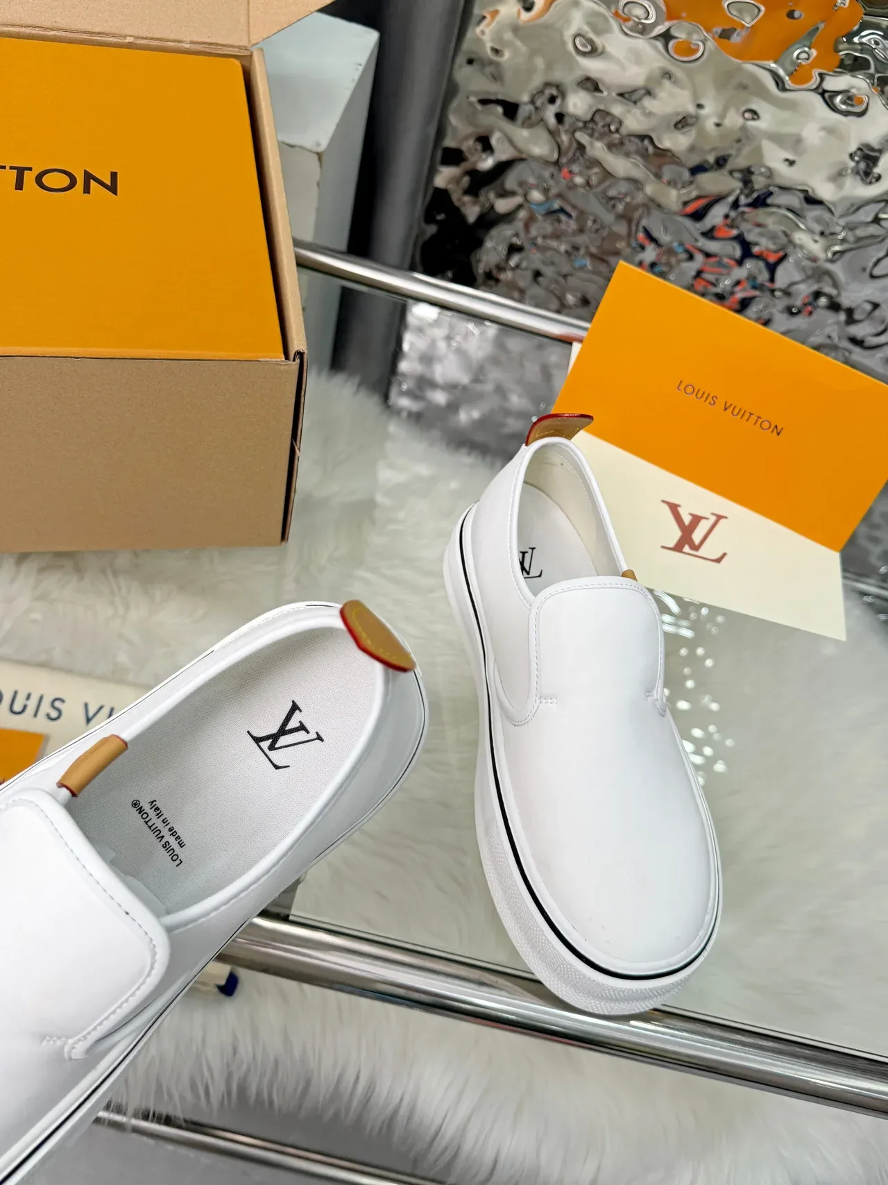 Louis Vuitton White Black Slip-On Platform Sole Lifestyle Sneakers 3