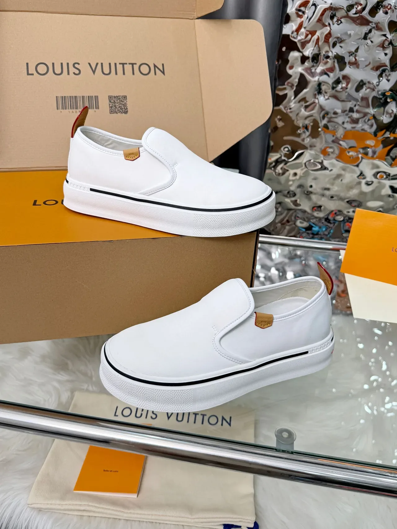 Louis Vuitton White Black Slip-On Platform Sole Lifestyle Sneakers 4