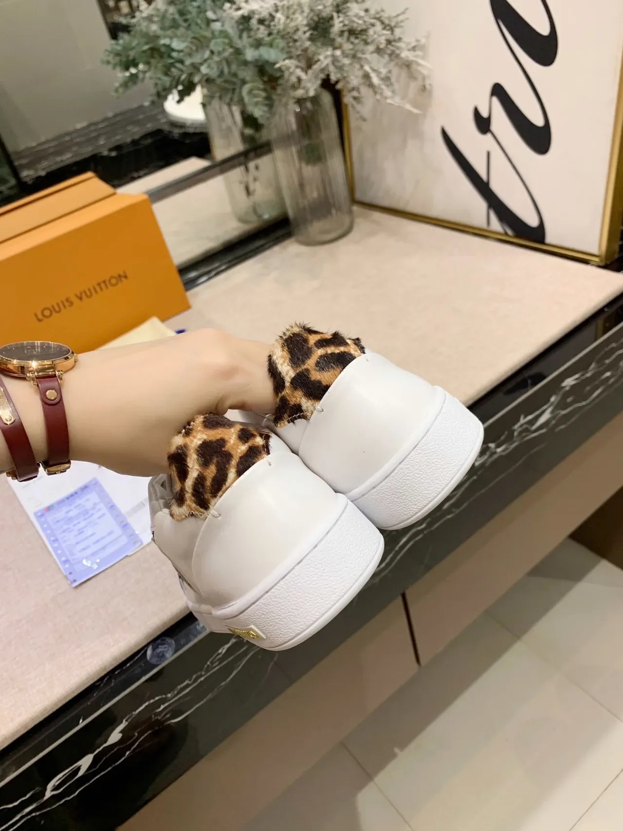 Louis Vuitton White Brown Leather Leopard-Print Floral Appliqués Lifestyle Sneakers 3