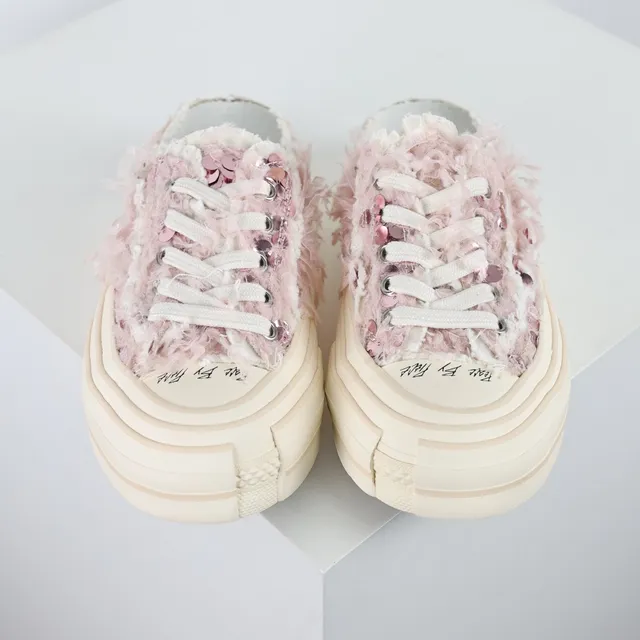 Maison Margiela Pink Beige Fuzzy Textile Upper Layered Platform Sole Loafer 8
