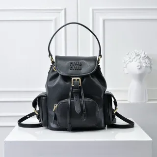 Miu Miu Black Gold Structured Leather Drawstring Cinch Closure Mini Backpack