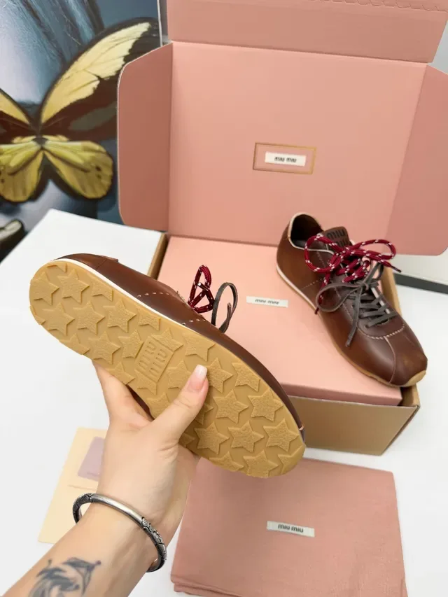 Miu Miu Brown Red Leather Upper Dual-Tone Laces Sneakers 3
