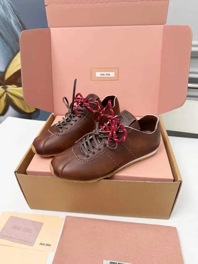 Miu Miu Brown Red Leather Upper Dual-Tone Laces Sneakers 5