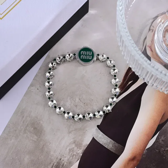 Miu Miu Logo Bracelet Silver Green Pavé Crystal-Set Clasp Bracelet 2