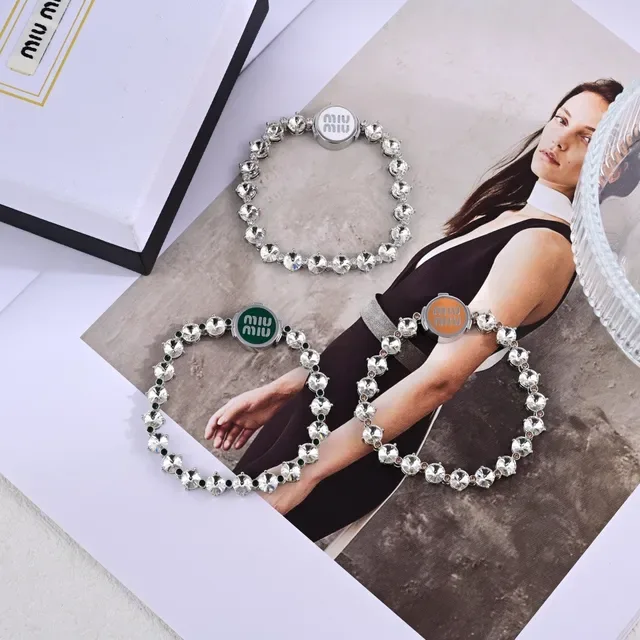 Miu Miu Logo Bracelet Silver Green Pavé Crystal-Set Clasp Bracelet 13