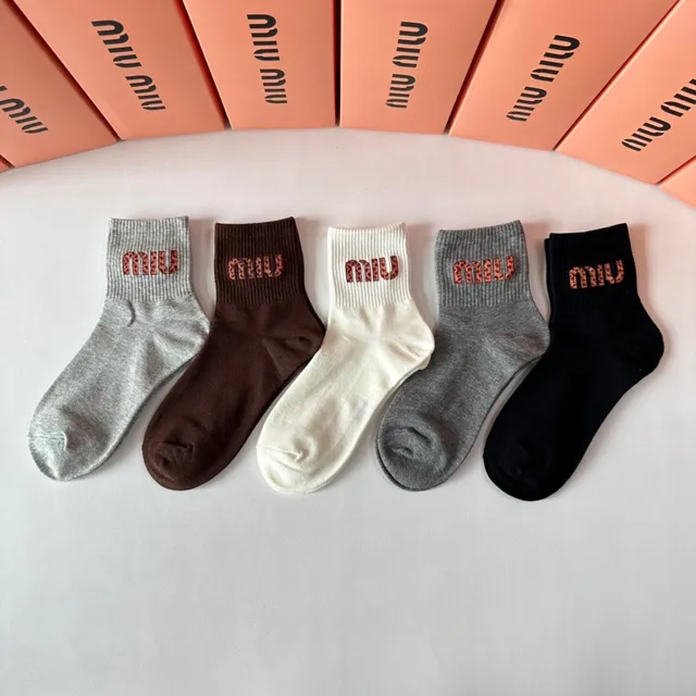 Miu Miu Logo Embroidered Black Gray Ribbed Cuff Socks 2