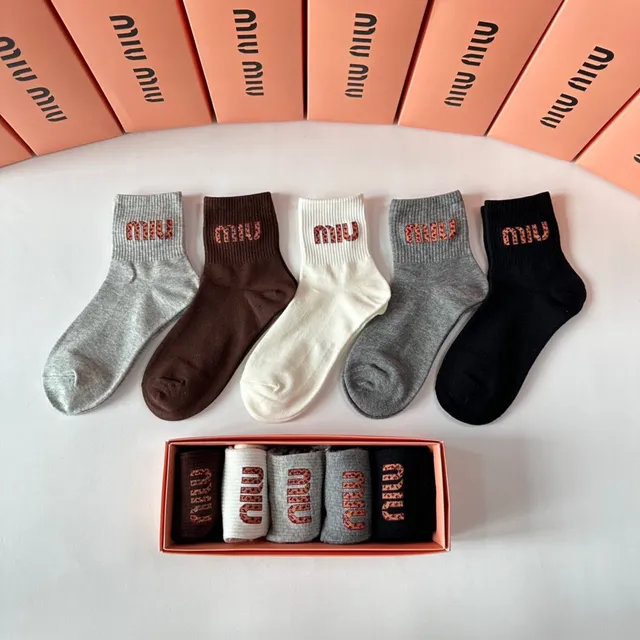 Miu Miu Logo Embroidered Black Gray Ribbed Cuff Socks 3