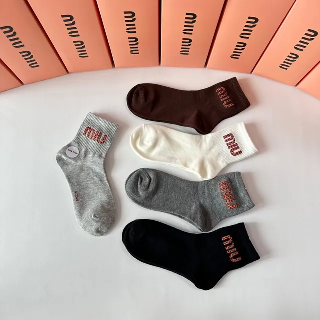 Miu Miu Logo Embroidered Black Gray Ribbed Cuff Socks 4