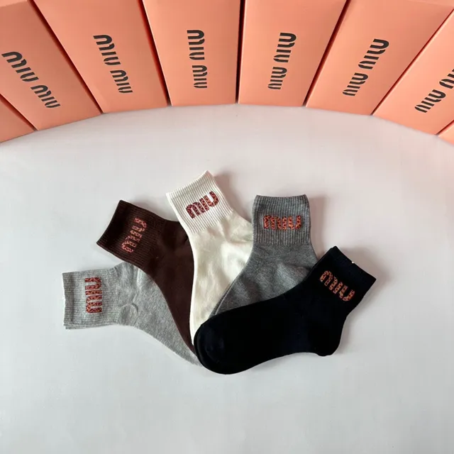 Miu Miu Logo Embroidered Black Gray Ribbed Cuff Socks 5
