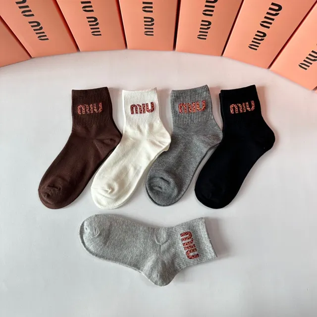 Miu Miu Logo Embroidered Black Gray Ribbed Cuff Socks 6