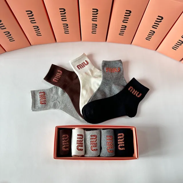 Miu Miu Logo Embroidered Black Gray Ribbed Cuff Socks 8